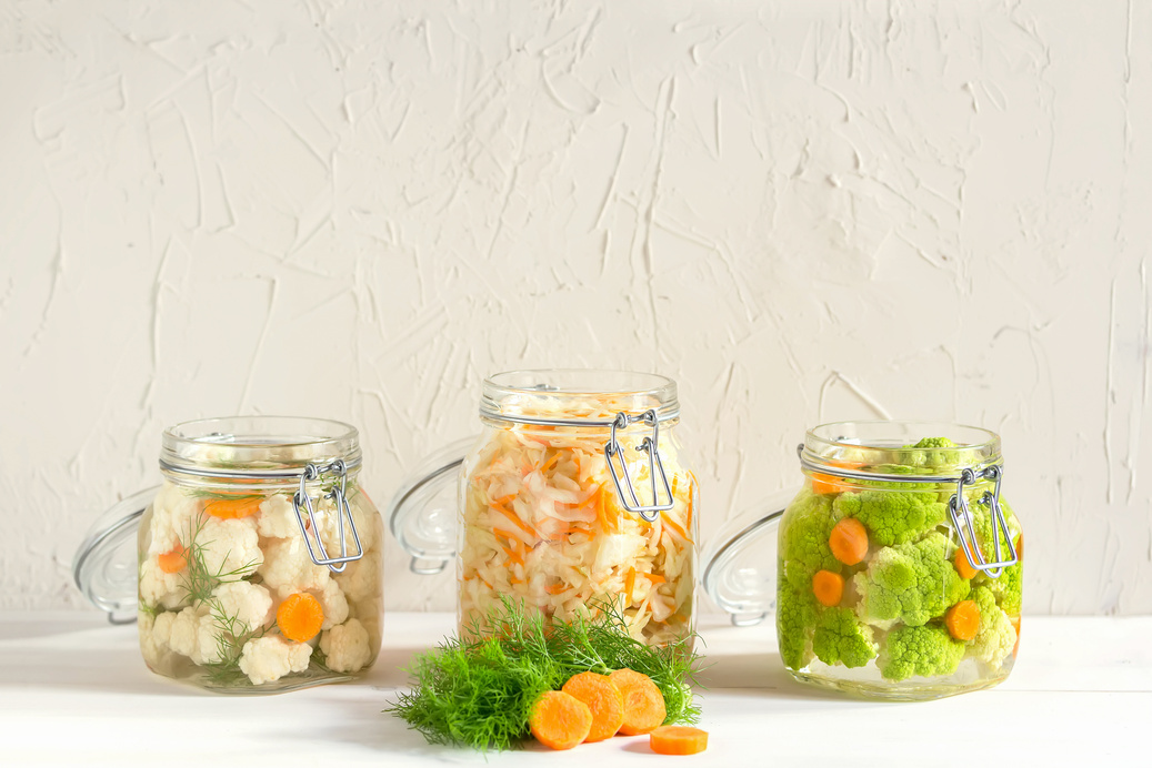 Fermented Preserved Vegetables on Glass Jars